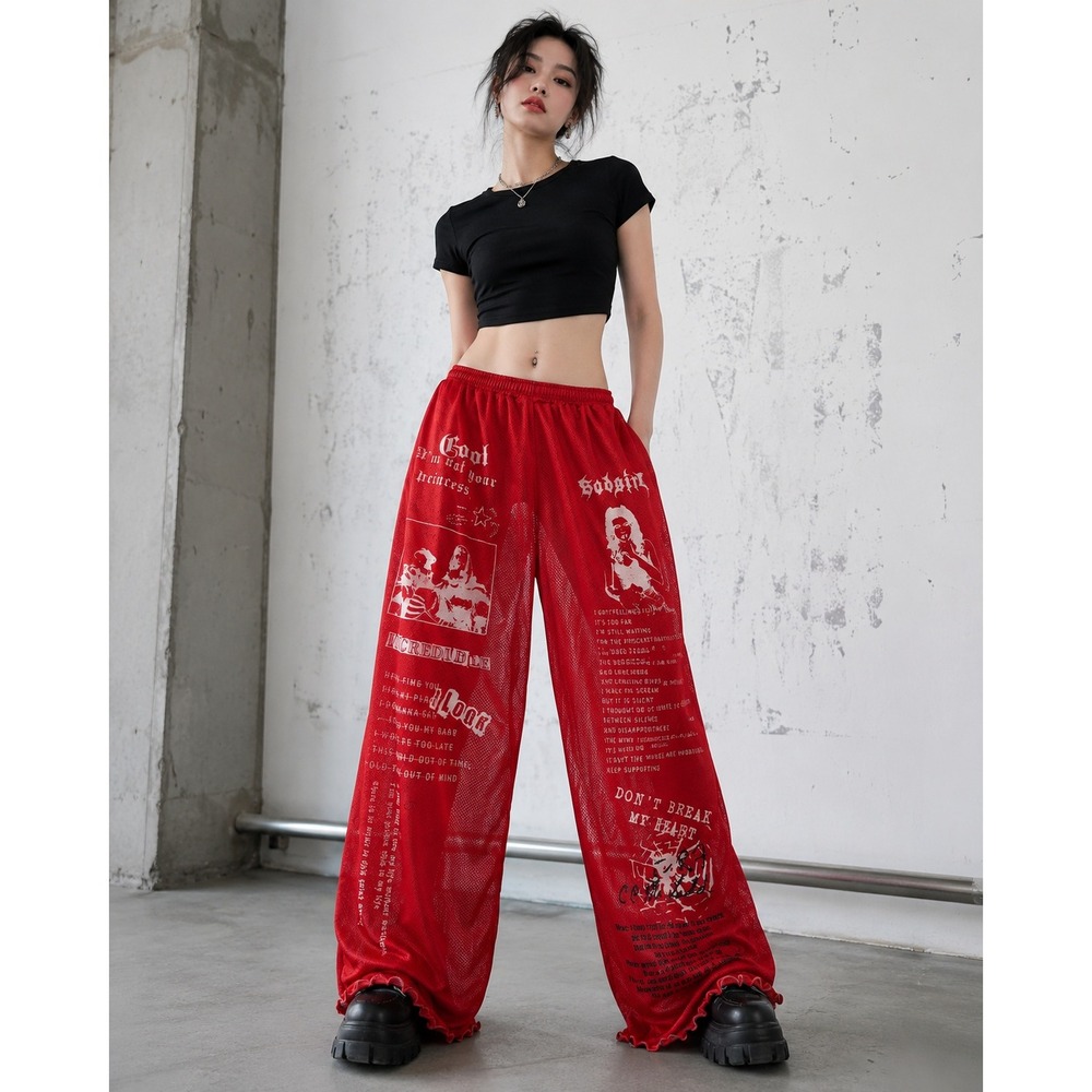 Y2K Red Mesh Graphic Flare Pants Wms Sz Lg Goth Font Alt Rock Grunge Sheer